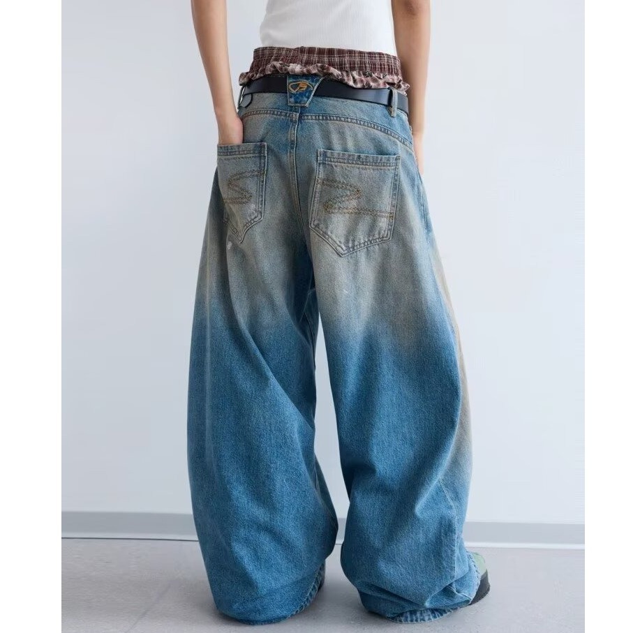 Men's Retro American High-Waist Curved-Cut Jeans – Fall & Winter Loose Wide-Leg Streetwear Denim Pants, Slimming Draped Trousers with High-Fashion Design