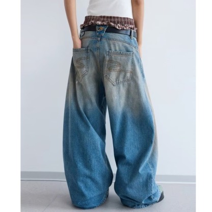 Men's Retro American High-Waist Curved-Cut Jeans – Fall & Winter Loose Wide-Leg Streetwear Denim Pants, Slimming Draped Trousers with High-Fashion Design