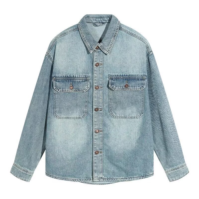 Spring Fall New Men's Washed Vintage Denim Shirt Jacket Casual Streetwear Outerwear