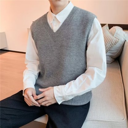 Men’s Solid Color V-Neck Knit Vest Sweater Loose Fit Sleeveless Pullover Casual Fall Layering Top