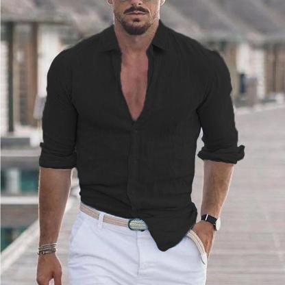 Men's Summer Cotton Linen Long Sleeve Shirt Casual Solid Color Beachwear Hawaiian Holiday Style
