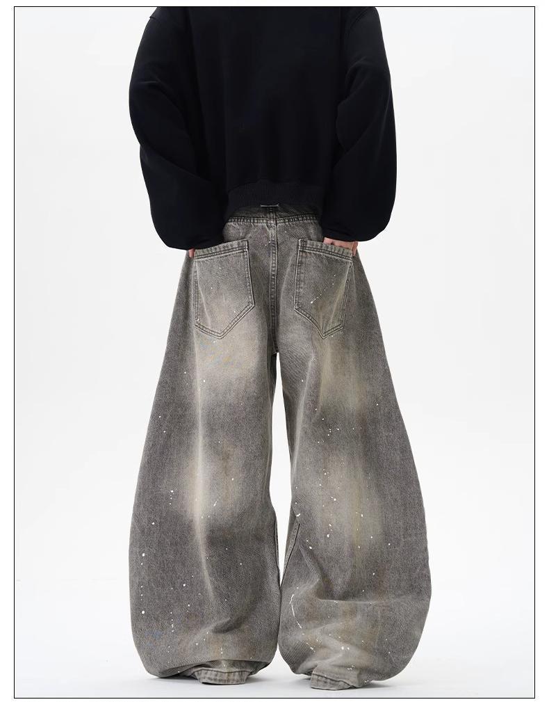 Men's Gray Splatter Denim Jeans Loose Straight Wide-Leg Washed Vintage American Street Style
