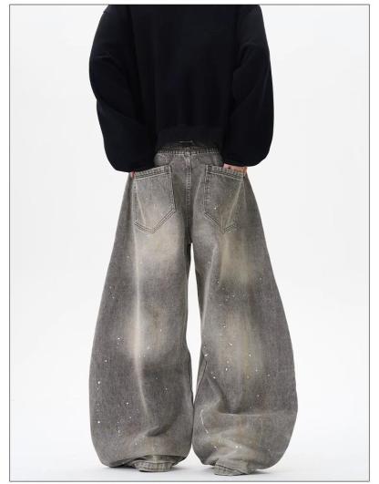 Men's Gray Splatter Denim Jeans Loose Straight Wide-Leg Washed Vintage American Street Style