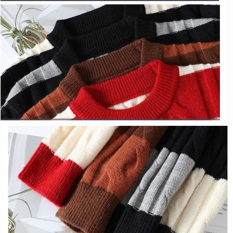 Men's Thick Striped Color-Block Sweater – Classic Crew Neck Pullover Knitwear, Warm and Casual American Street Style