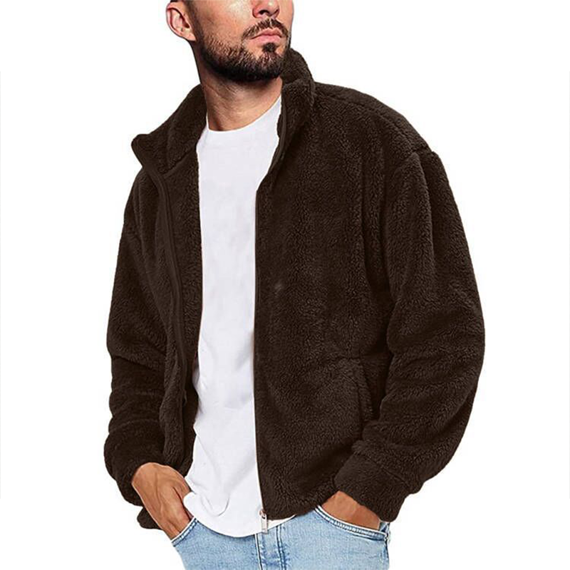 Minimalist Men's Warm Plush Jacket Coat, Solid Color Stand Collar Zip Front Sweatshirt, Casual Fall Winter Outerwear for Everyday Wear