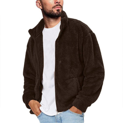 Minimalist Men's Warm Plush Jacket Coat, Solid Color Stand Collar Zip Front Sweatshirt, Casual Fall Winter Outerwear for Everyday Wear