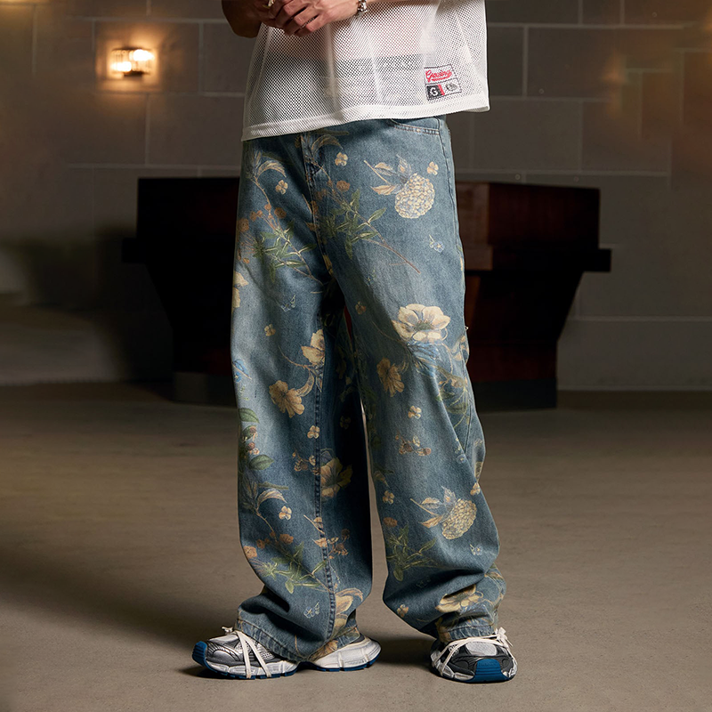 Men's Vintage All-Over Floral Print Washed Jeans, Casual Streetwear Wide Leg Denim Pants