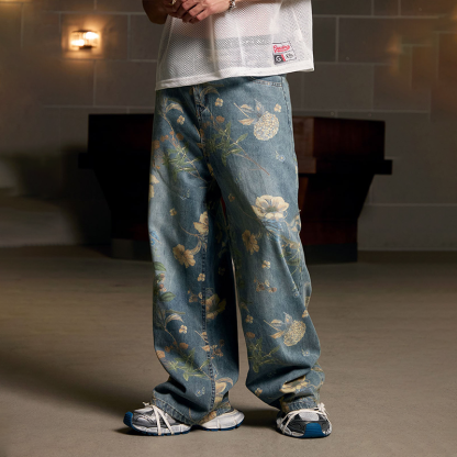 Men's Vintage All-Over Floral Print Washed Jeans, Casual Streetwear Wide Leg Denim Pants