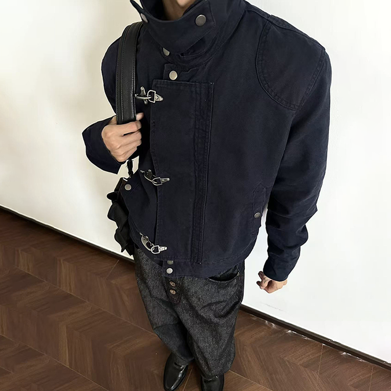 Men's Heavy Cotton Work Jacket, Lobster Clasp Stand Collar Short Coat, Clean Fit Workwear Style Short Coat