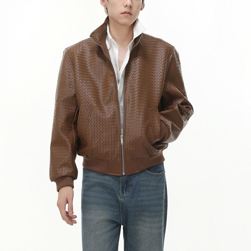 Men's Vintage Biker Short PU Leather Jacket, Unique Diamond Woven Texture Stand Collar Coat