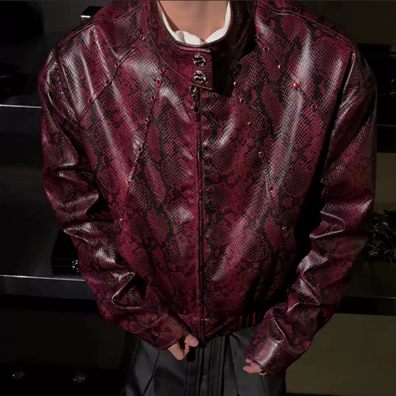 New Men's Python Texture Leather Jacket, Red Gem Studded Stand Collar Punk Coat