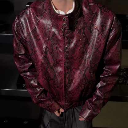 New Men's Python Texture Leather Jacket, Red Gem Studded Stand Collar Punk Coat