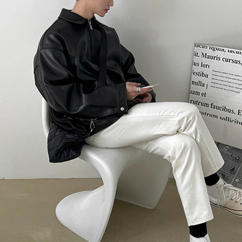 Classic Black Leather Jacket For Men, Casual Baseball Bomber Jacket, Versatile Motorcycle Style Jacket For Everyday Wear