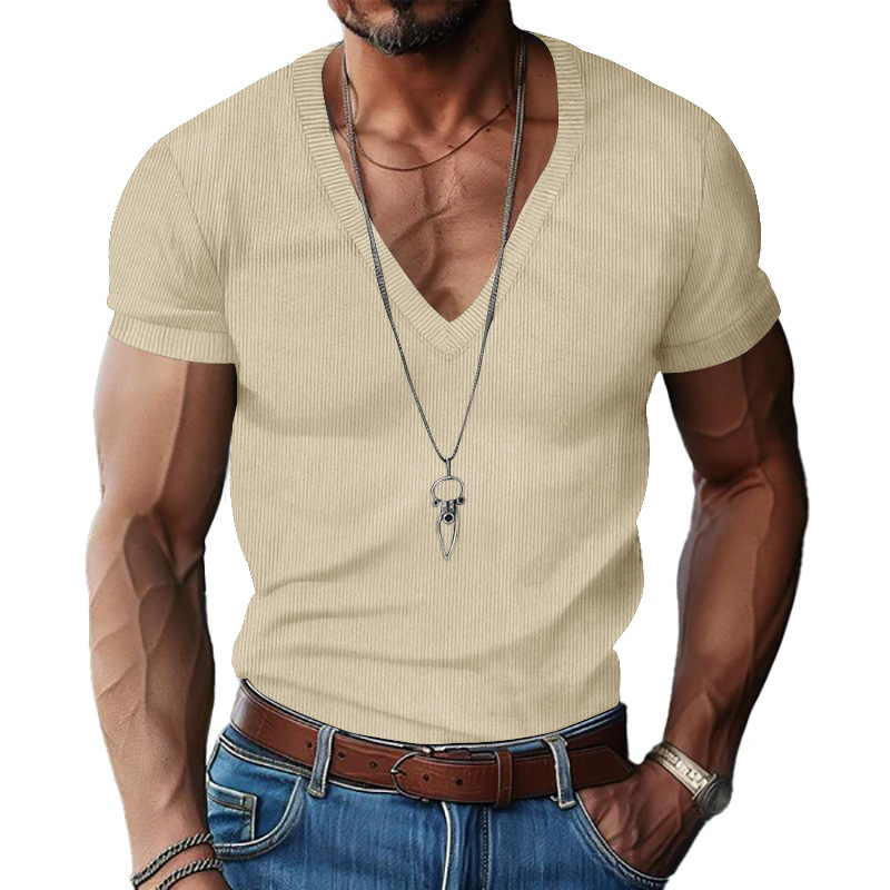 Men's Slim Fit Ribbed V-Neck Tee - Solid Breathable Summer Casual Shirt