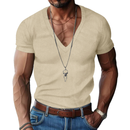 Men's Slim Fit Ribbed V-Neck Tee - Solid Breathable Summer Casual Shirt