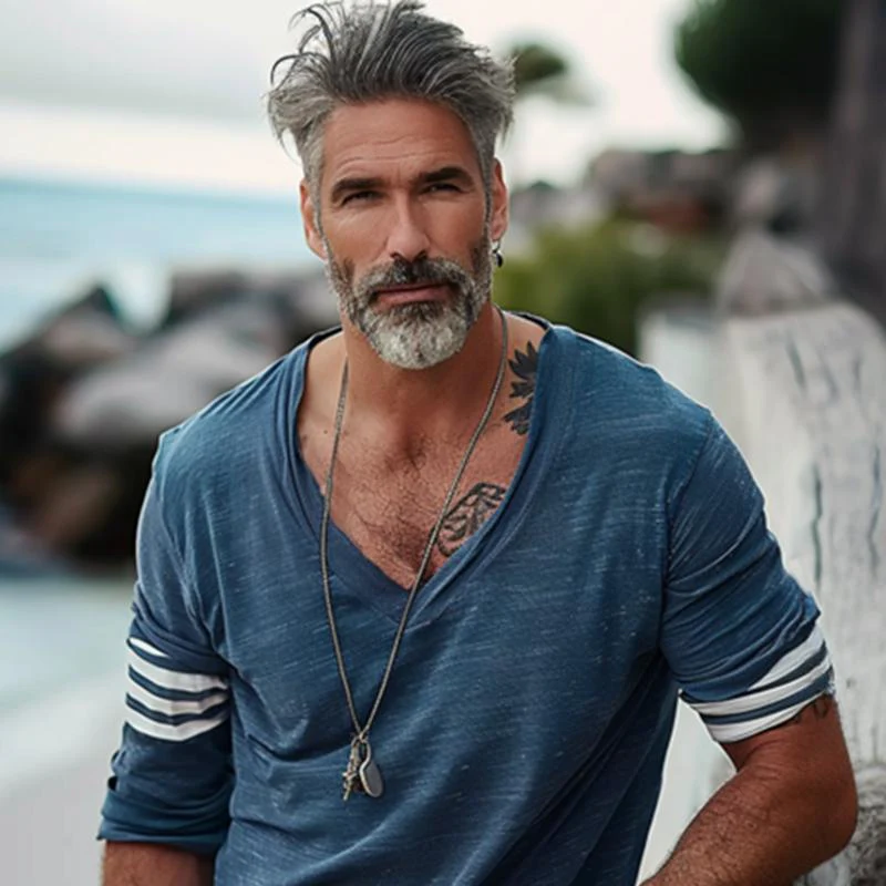 Men's Loose V-Neck Striped Patchwork Long-Sleeved T-Shirt