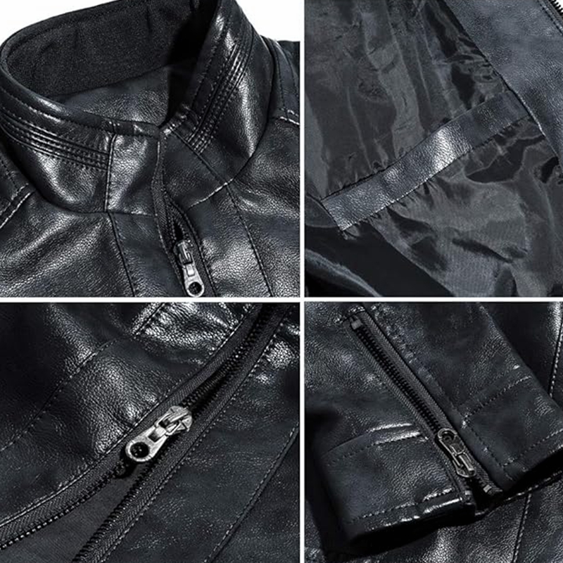 Men's Stand Collar Leather Jacket Motorcycle Lightweight Faux Leather Outwear