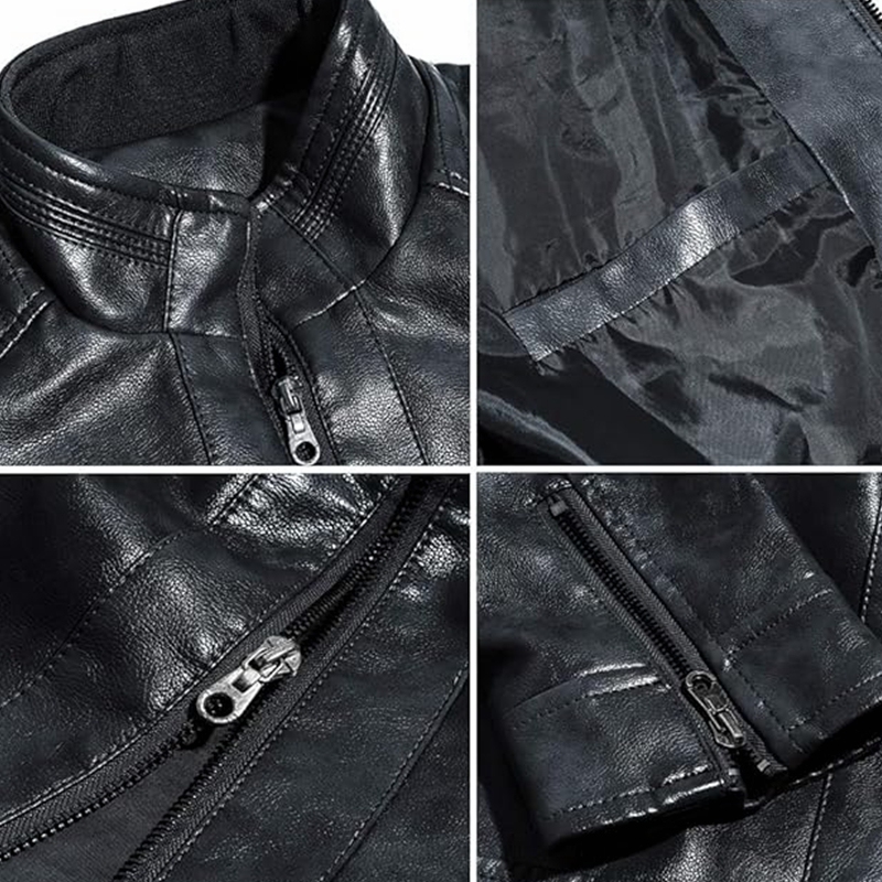 Men's Stand Collar Leather Jacket Motorcycle Lightweight Faux Leather Outwear