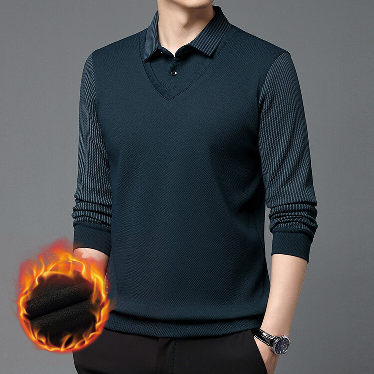 Men's Fleece Lined Faux Two-Piece Striped Polo Shirt – Thickened Knit Long Sleeve for Fall/Winter, Trendy and Warm, Perfect for Casual or Semi-Formal Wear