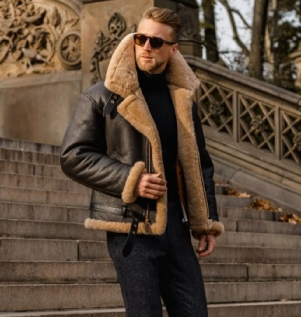 Men's Thickened Dark Coffee Fur Integrated Long Sleeve Fur Jacket