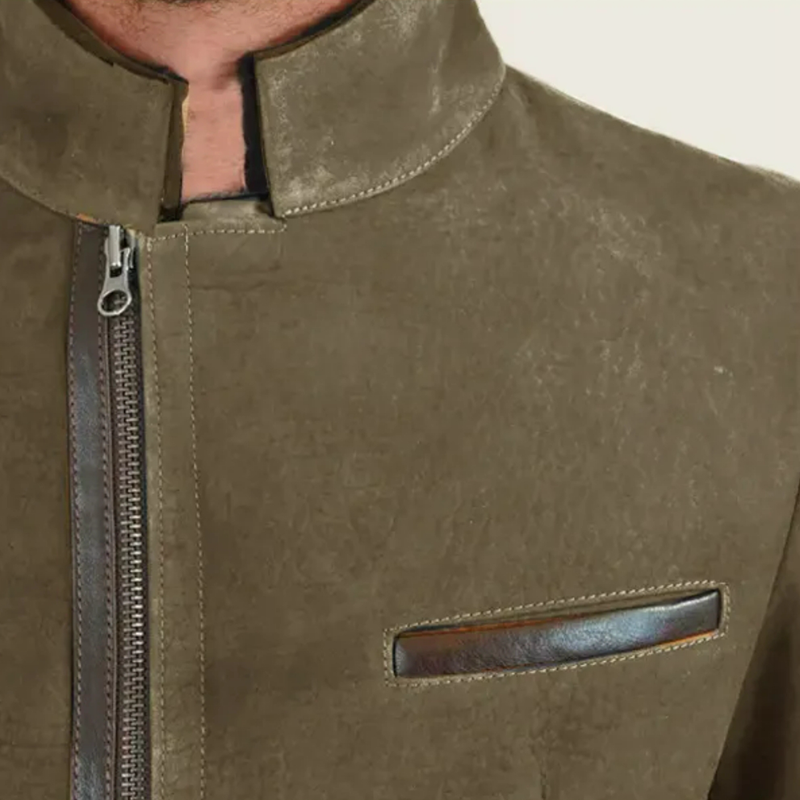 Men Vintage Stand Collar Suede Blazer Side Zip Fly Contrast Leather Webbing Medium Length Jacket Coats