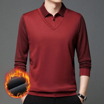 Men's Fleece Lined Faux Two-Piece Striped Polo Shirt – Thickened Knit Long Sleeve for Fall/Winter, Trendy and Warm, Perfect for Casual or Semi-Formal Wear