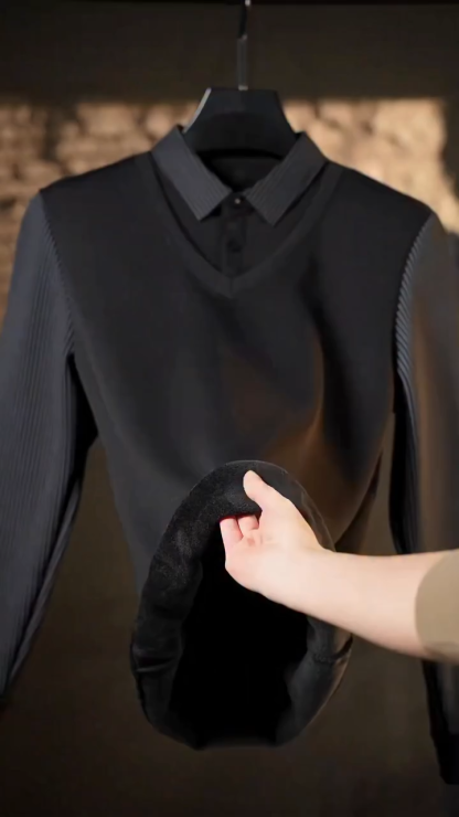 Men's Fleece Lined Faux Two-Piece Striped Polo Shirt – Thickened Knit Long Sleeve for Fall/Winter, Trendy and Warm, Perfect for Casual or Semi-Formal Wear