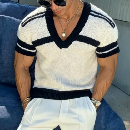 Men's Casual V-neck Striped Jacquard Slim Fit Knitted Short-sleeved Sweater T-Shirt