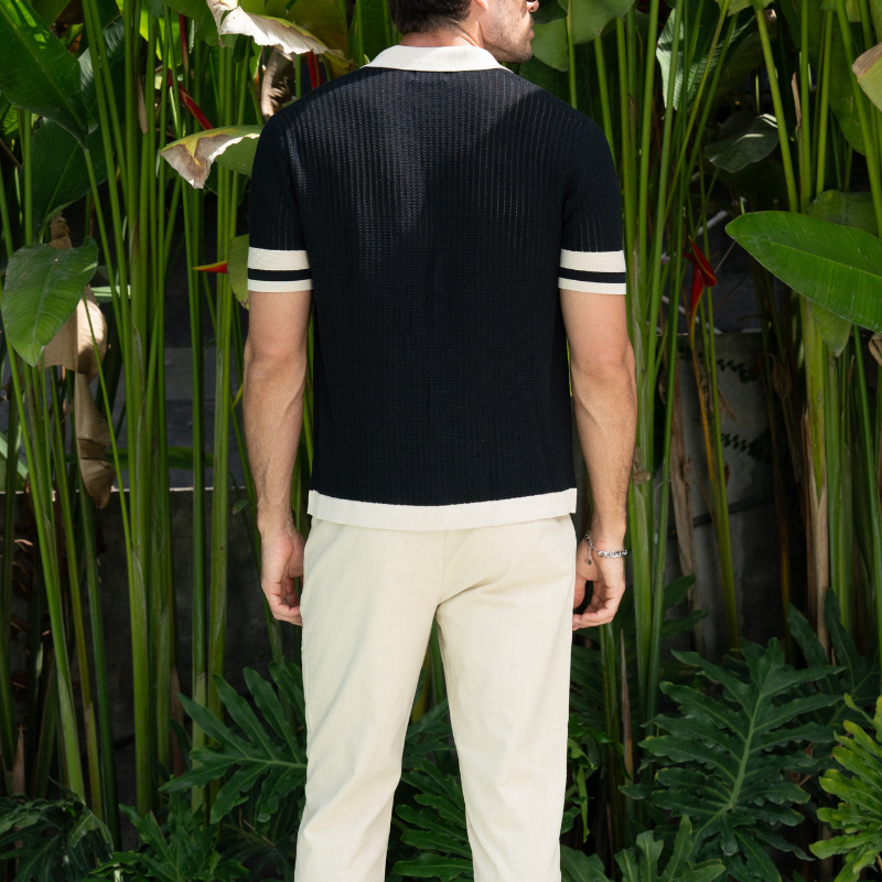 Men's Knitted Short-Sleeve Blended Color Shirt With Turn-Down Collar