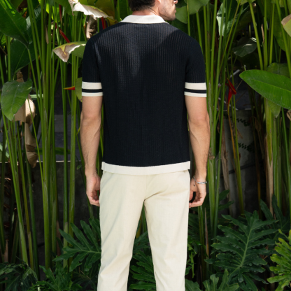 Men's Knitted Short-Sleeve Blended Color Shirt With Turn-Down Collar