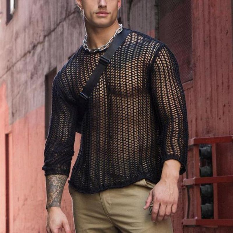 Men's Long-Sleeved Sexy Mesh Top, Stylish Solid Color Knitted Slim Shi