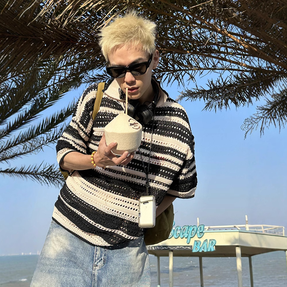 Men's Summer Vintage Striped Cutout Polo Shirt