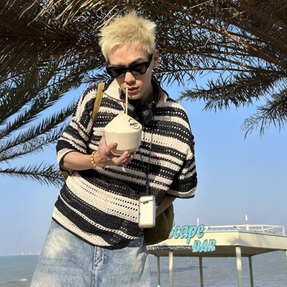 Men's Summer Vintage Striped Cutout Polo Shirt