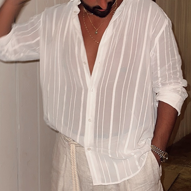 Men's White Semi-Sheer Striped Button-Down Shirt
