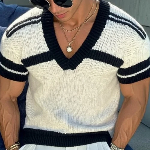 Men's Casual V-neck Striped Jacquard Slim Fit Knitted Short-sleeved Sweater T-Shirt