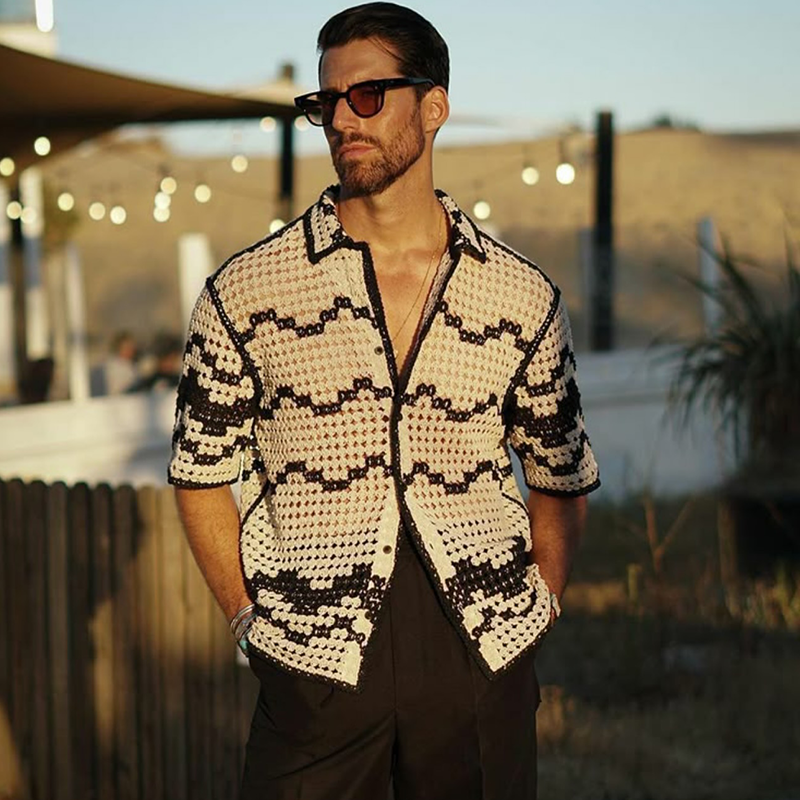 Men's Crochet Black & White Contrast Shirt, Bohemian Beach Shirt, Fashionable Y2K Hollow Top