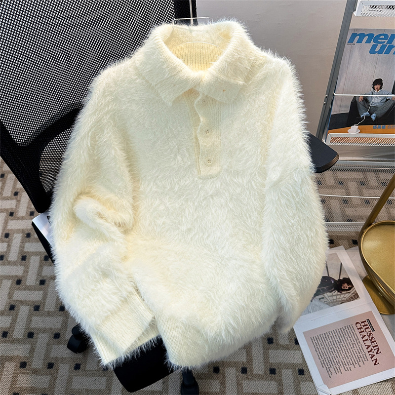 Men's Plush Knit Polo Sweater, Long Sleeve Soft Relaxed Fit Fuzzy Mock Neck Pullover, Fall Winter Casual Thermal Sweater