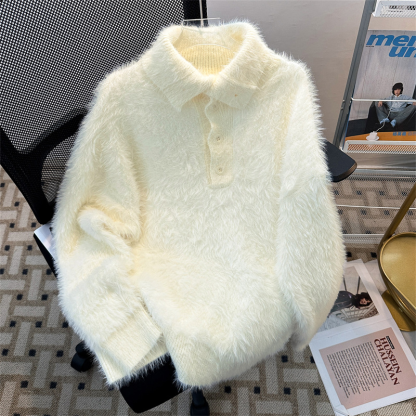 Men's Plush Knit Polo Sweater, Long Sleeve Soft Relaxed Fit Fuzzy Mock Neck Pullover, Fall Winter Casual Thermal Sweater