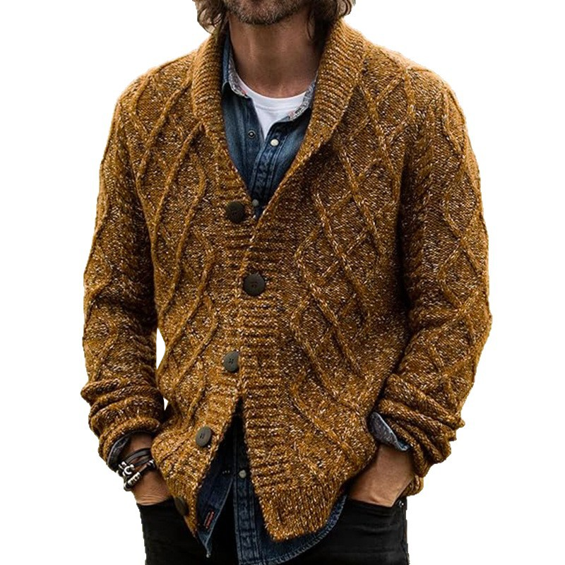Men's Vintage Diamond-patterned Knitted Cardigan, Thickened Knitted Wool Coat for Fall and Winter