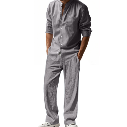 Men's Casual Linen Shirt and Pants Set, 2 Piece Linen Comfortable Outfit Co-ords for Spring & Fall