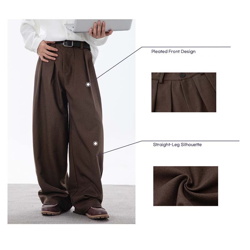 Men's Pleated Dress Pants – Autumn Smooth Drape Wide-Leg Trousers, Loose Straight Fit Vintage Casual Streetwear