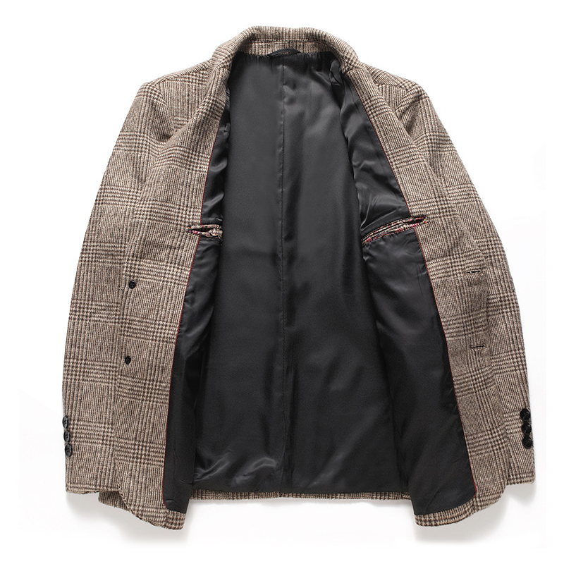 Men's Heavyweight Wool Blend Tweed Blazer, Winter Vintage Checkered Overshirt, Warm Jacket