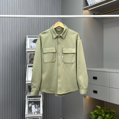 Spring Fall New Men's Casual Twill Shirt Jacket with Double Pockets Long Sleeve Relaxed Fit