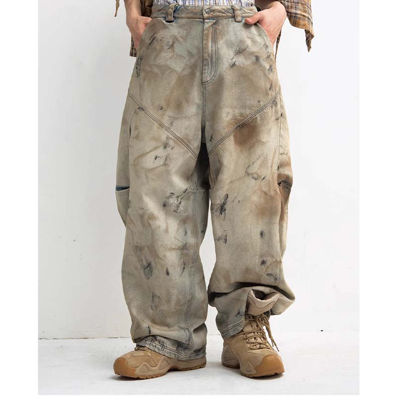 Men’s Washed Vintage Wide-Leg Jeans Heavy Washed Loose Fit Denim Curved Blade Cut Trousers