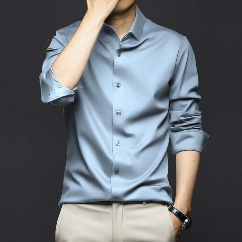 Men’s Wrinkle-Free Dress Shirt High-End Business Long Sleeve Ice Silk Shirt for Spring and Fall