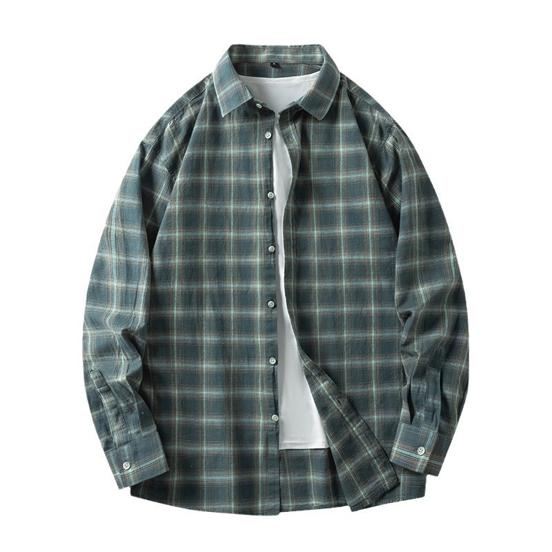 Men’s Japanese Vintage Plaid Shirt – Spring Fall Long-Sleeve Casual Overshirt, Breathable and Versatile Streetwear Style