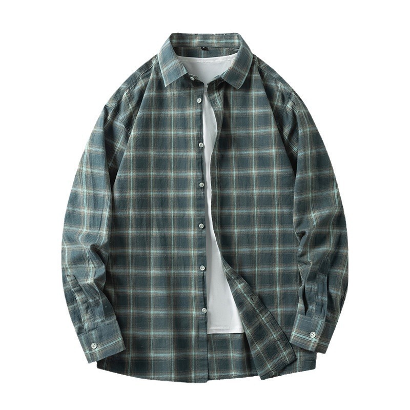 Men’s Japanese Vintage Plaid Shirt – Spring Fall Long-Sleeve Casual Overshirt, Breathable and Versatile Streetwear Style