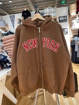American Vintage White Zip-Up Hoodie | NEW YORK Embroidered Loose Fit Jacket for Fall & Winter