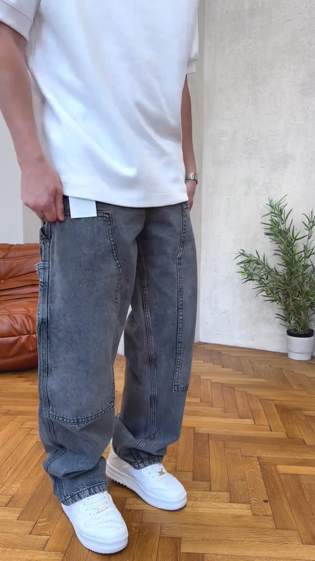 Vintage Washed Distressed Jeans Versatile Wide-Leg Straight Trousers