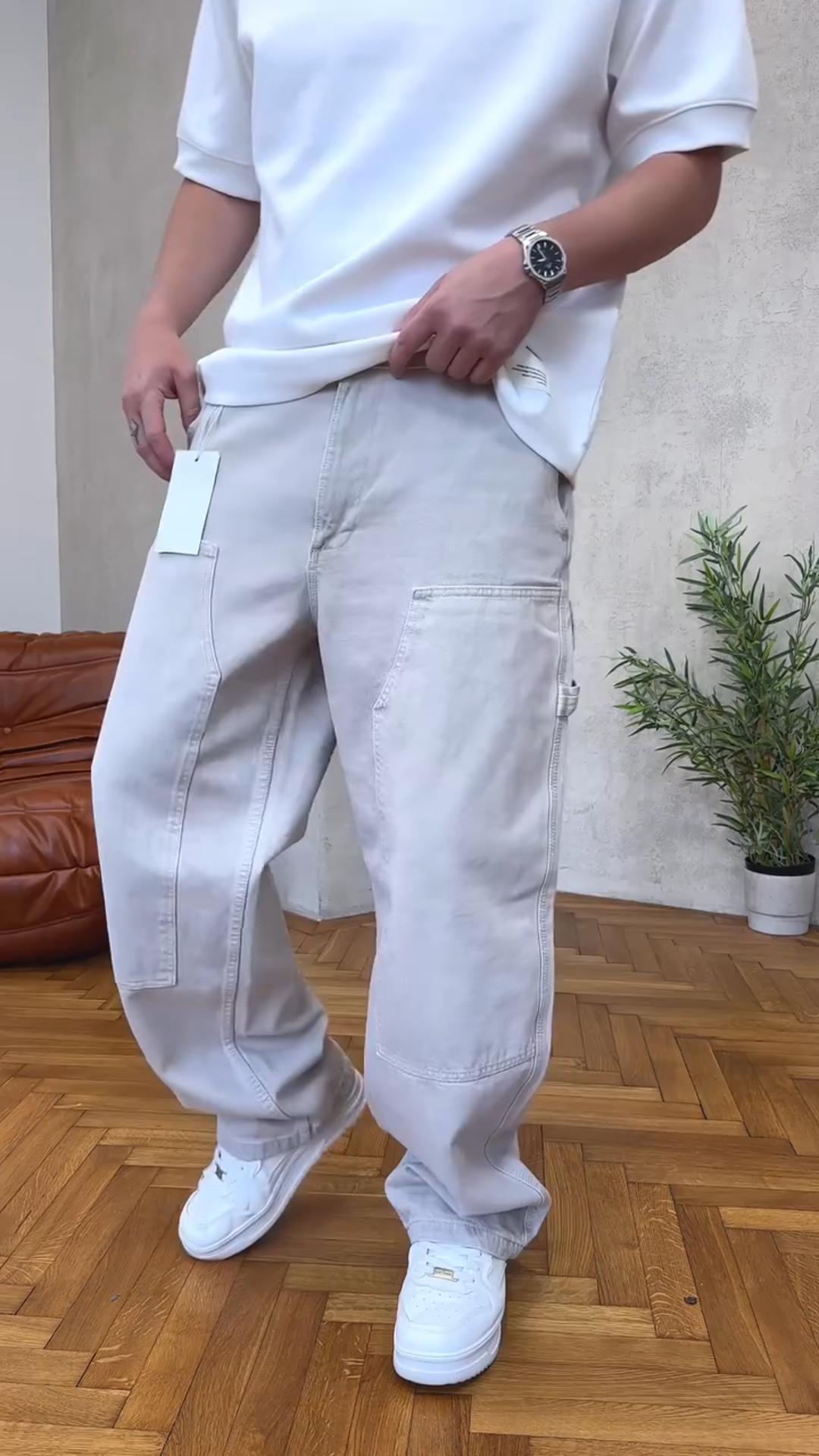 Vintage Washed Distressed Jeans Versatile Wide-Leg Straight Trousers